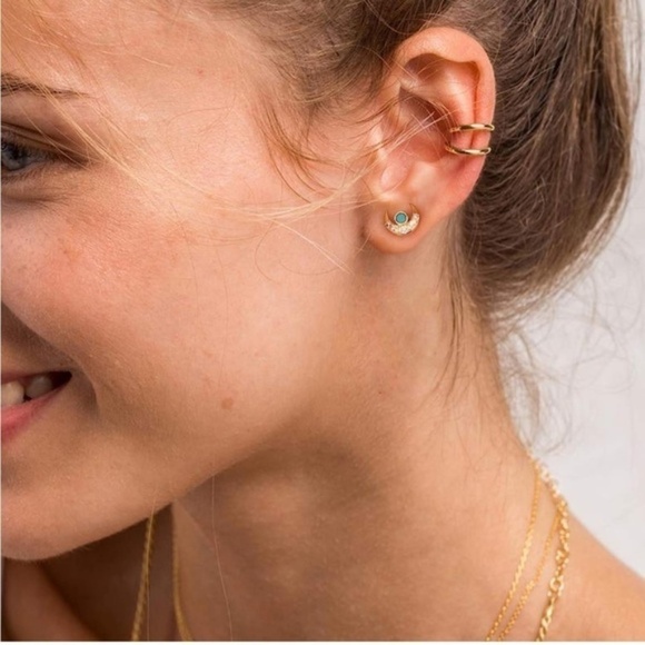 GOLD 14k Gold Plated Cubic Zirconia Turquoise Stud Earrings - Picture 2 of 4